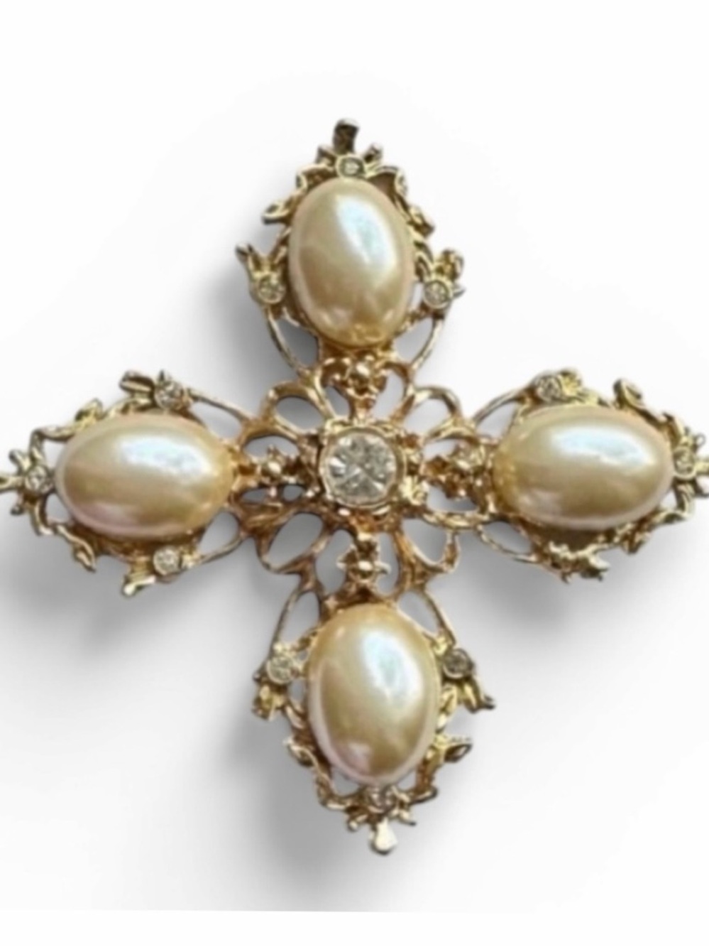 Vintage Gold Ornate Filigree Faux Pearl and Rhinestone Maltese Cross Brooch Pin